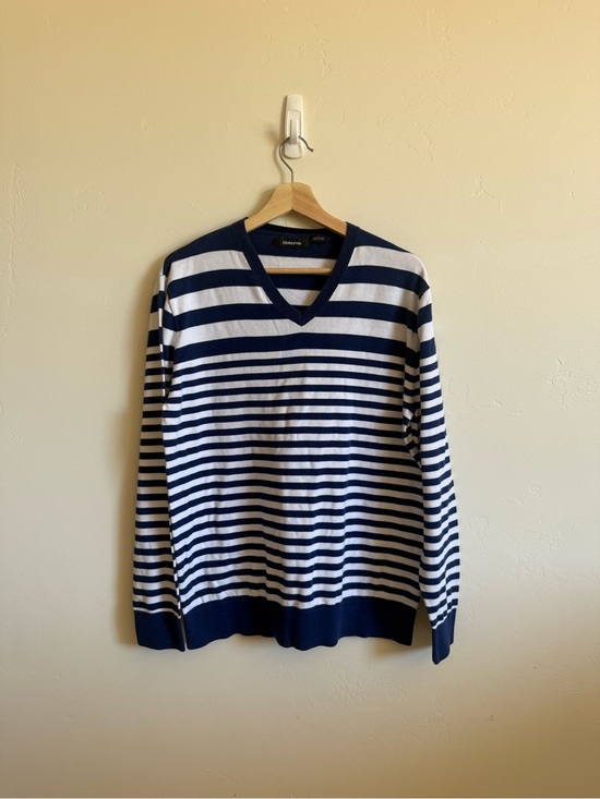 Claiborne Other - Claiborne Men’s Large Blue White Striped V-Neck Cotton Sweater